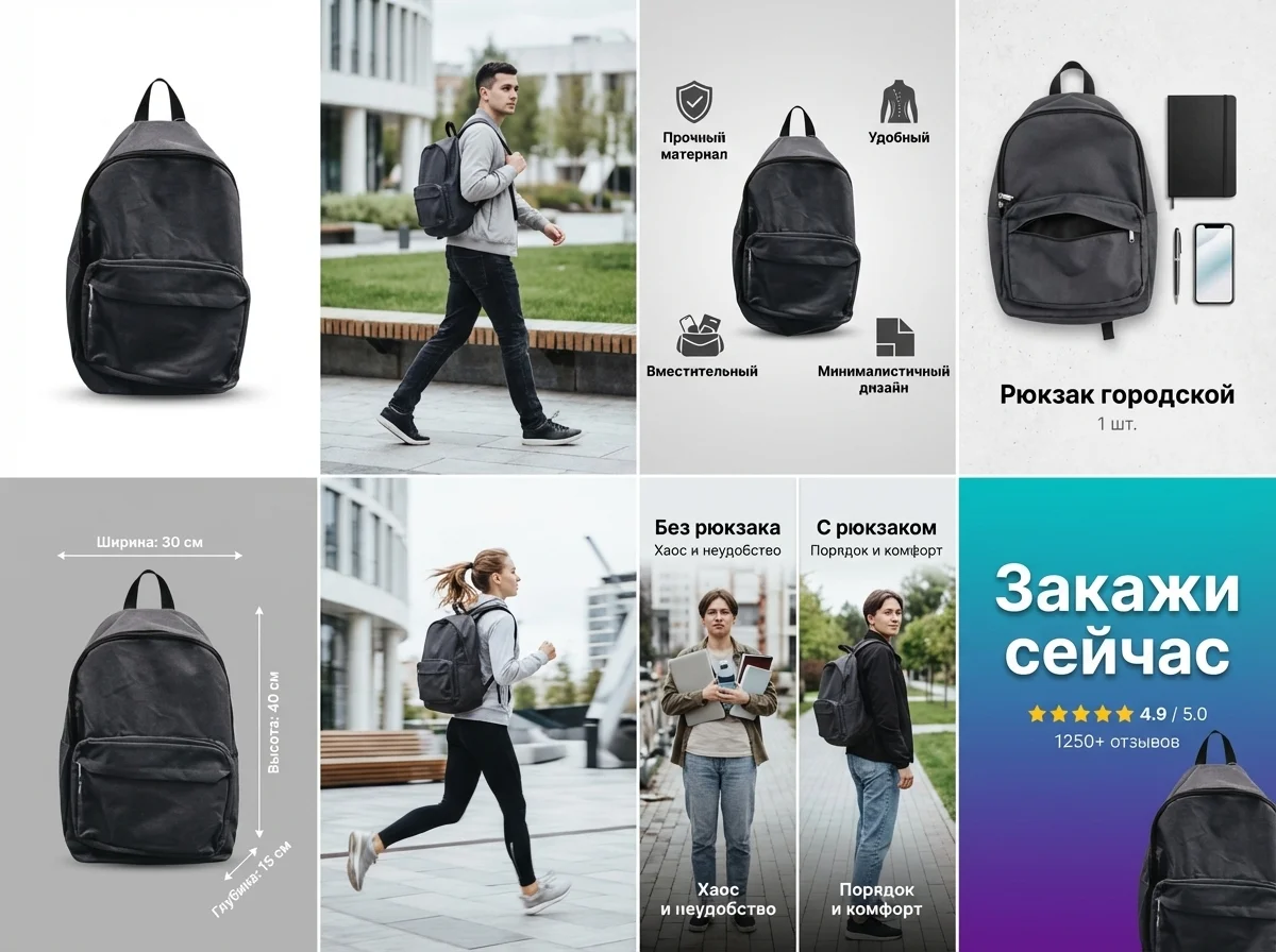 Готовая карточка рюкзака для маркетплейса — 8 слайдов с инфографикой и lifestyle-сценами