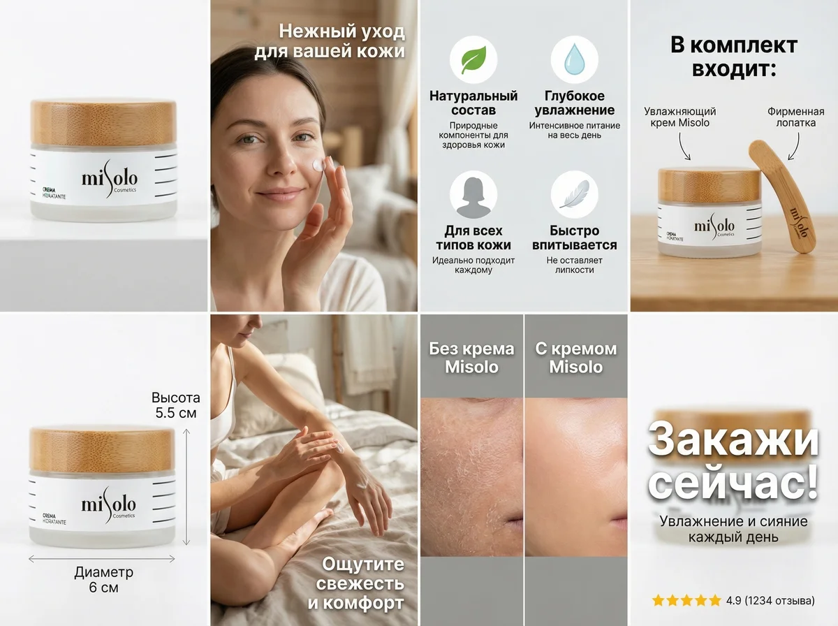Карточка увлажняющего крема для Wildberries — 8 слайдов с моделью, инфографикой и составом