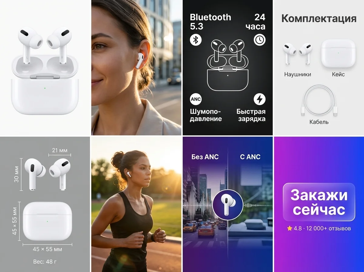 Карточка беспроводных наушников для Wildberries — 8 слайдов с lifestyle, инфографикой и размерами